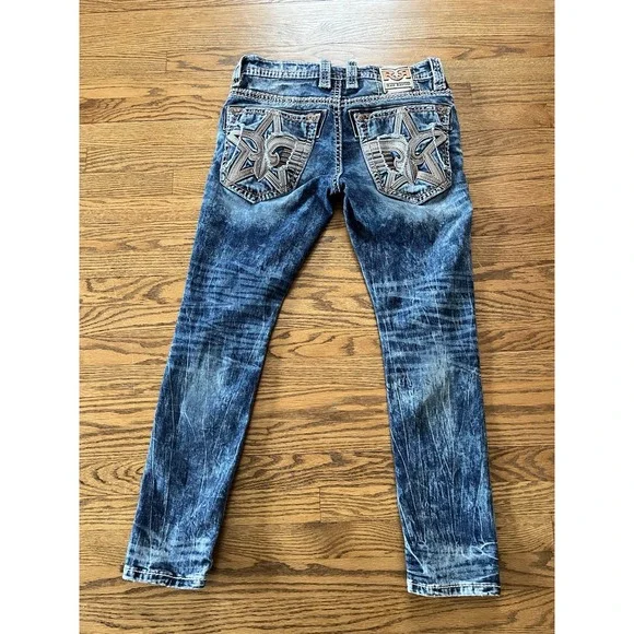 Rock Revival Jeans Men's 32x30 Selwyn Leather Insert Star Slim Taper Distressed - Picture 2 of 16